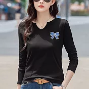 【MsMore】 V領休閒內搭長袖T恤上衣# 126304 M 黑色