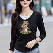 【MsMore】 長袖T恤內搭假2件設計感修身顯瘦上衣# 126310 M 黑色