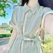 【初色】法式拼色翻領收腰綁帶口袋單排釦中長連衣裙連身洋裝-共2色-16060(M-XL可選) M 綠色