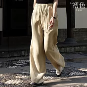 【初色】棉麻風格純色抽繩鬆緊腰寬鬆休閒褲寬褲闊腿褲長褲-共3色-16073(M-2XL可選) M 杏色