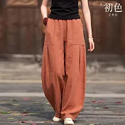 【初色】文藝復古薄款純色高腰鬆緊腰燈籠褲休閒褲寬褲長褲-共3色-16074(M-2XL可選) M 桔色