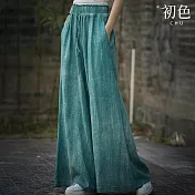 【初色】文藝復古風禪意手染高腰抽繩鬆緊闊腿褲休閒褲寬褲長褲-共3色-16077(M-2XL可選) M 綠色