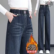 【初色】簡約休閒高腰垂感加絨鬆緊腰直筒牛仔褲九分褲寬褲長褲-共2色6款-16036(M-5XL可選) M 深藍色九分褲