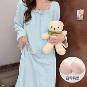 【AnZa】胸墊泡泡皺長袖連身裙睡衣(3色)       FREE 淺藍