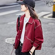 【初色】韓版復古休閒翻領工裝排扣長袖夾克寬鬆牛仔外套女外套-酒紅色-16282(M-2XL可選) M 酒紅色