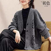 【初色】韓系山茶花珠片提花V領長袖單排扣針織衫外套女外套-灰色-16206(F可選) F 灰色