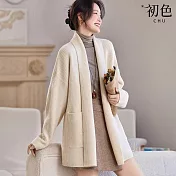 【初色】慵懶風純色口袋開衫中長款針織毛衣長袖罩衫外套女外套-共4色-16193(F可選) F 米色