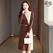 【初色】簡約休閒拼接針織高領長袖中長裙連衣裙連身洋裝-共3色-16150(F可選) F 咖色