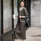 【初色】復古小香風撞色包邊圓領長袖外套女外套+修身後腰鬆緊A字半身裙長裙套裝-咖色-16310(M-2XL可選) M 咖色