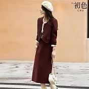 【初色】小香風拼接木耳邊單排釦加厚夾克外套女外套+純色中長裙半身裙套裝-酒紅色-16311(M-2XL可選) M 酒紅色