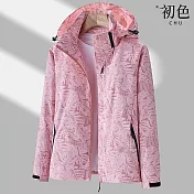 【初色】休閒戶外迷彩連帽拉鍊長袖防潑水防風登峰衣外套女外套-共2款7色-16518(M-4XL可選) L 女款-粉色