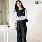 【初色】簡約寬鬆輕奢排釦馬甲背心女背心+休閒闊腿褲寬褲長褲套裝-黑色-16296(M-XL可選) M 黑色