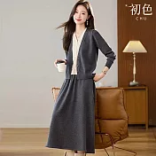 【初色】小香風修身拼接撞色假兩件V領長袖針織衫上衣女上衣+純色中長裙半身裙套裝-共4色-16146(F可選) F 灰色