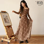 【初色】文藝風格紋網紗收腰盪領長袖T恤上衣+輕薄垂感格紋鬆緊腰半身裙長裙套裝-咖色-16298(M-2XL可選) M 咖色