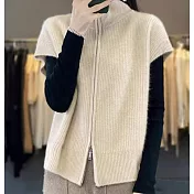 【MsMore】 高領雙拉鍊開衫氣質顯瘦短袖背心時髦百搭上衣# 126355 FREE 米白色