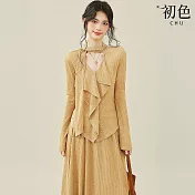 【初色】法式純色V領飄帶喇叭袖上衣女上衣+素色中長裙半身裙套裝-土黃色-16293(M-2XL可選) M 土黃色