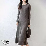 【初色】修身長袖A字針織毛衣過膝連身洋裝長裙連身裙-共5色-16247(F可選) F 摩卡色