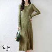 【初色】修身長袖A字針織毛衣過膝連身洋裝長裙連身裙-共5色-16247(F可選) F 綠色