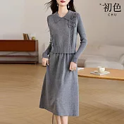 【初色】輕奢風立體蝴蝶結圓領無袖針織女背心+純色翻領長袖中長裙連衣裙連身洋裝套裝-共5色-16154(F可選) F 灰色