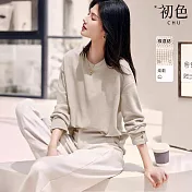 【初色】簡約純色圓領華夫格寬鬆長袖打底上衣女上衣-共3色-16308(M-2XL可選) XL 米灰色