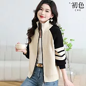 【初色】運動風撞色拼接高領長袖雙頭拉鍊針織外套女外套-共4色-16208(F可選) F 米色