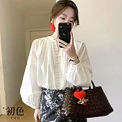 【初色】韓版純色V領泡泡袖長袖襯衫上衣女上衣-白色-16264(M-2XL可選) M 白色