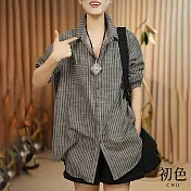 【初色】寬鬆通勤細條紋翻領長袖單排扣休閒襯衫上衣女上衣-共2色-16272(M-2XL可選) M 灰條