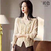 【初色】法式輕奢風拼接蕾絲羽毛修身顯瘦V領排釦長袖針織衫上衣女上衣-共4色-16204(F可選) F 米駝色