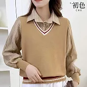 【初色】拼色假兩件翻領針織長袖釦子襯衫上衣女上衣-共4色-16197(F可選) F 黃駝色