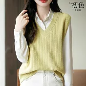 【初色】純色休閒簡約V領無袖針織馬甲背心女背心-共6色-16211(F可選) F 淺黃色