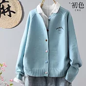 【初色】簡約純色刺繡小圖寬鬆圓領排釦長袖外套女外套-共5色-16128(F可選) F 藍色