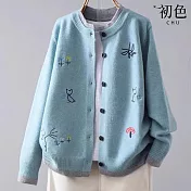 【初色】休閒寬鬆刺繡圓領長袖針織毛衣開衫上衣女上衣-共5色-16134(F可選) F 藍色