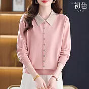 【初色】韓系翻領長袖單排扣撞色假兩件針織衫上衣女上衣-共5色-16174(F可選) F 粉色