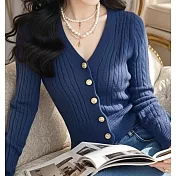 【MsMore】 藍色針織衫別緻v領長袖毛衣小香風上衣# 126416 FREE 藍色