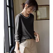 【MsMore】 漂亮T恤圓領壓黑線寬鬆休閒上衣# 126429 M 灰色