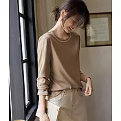 【MsMore】 漂亮T恤圓領壓黑線寬鬆休閒上衣# 126429 M 卡其色