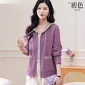 【初色】休閒簡約拼接撞色寬鬆拉鍊連帽長袖針織開衫外套女外套-共4色-16132(F可選) F 紫色