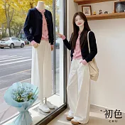 【初色】簡約風撞色排釦長袖針織上衣女上衣+純色寬鬆直筒休閒褲寬褲長褲套裝-共2色-16380(F可選) F 粉衣白褲