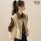 【初色】休閒復古撞色拼接燈芯絨寬鬆翻領無袖馬甲外套背心女背心-卡其色-16398(M-3XL可選) M 卡其色