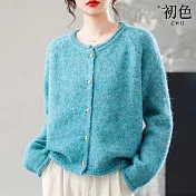 【初色】簡約純色愛心釦絨毛寬鬆保暖針織圓領長袖開衫外套女外套-共4色-16215(F可選) F 藍色