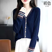 【初色】民族風圖騰刺繡坑條V領排釦長袖針織衫上衣女上衣-共2色-16220(F可選) F 藏青色
