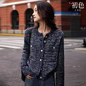 【初色】混色流蘇排釦長袖圓領針織外套女外套-藍色-16349(M-XL可選) M 藍色