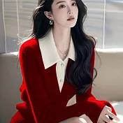 【MsMore】 撞色polo領針織衫法式氣質毛衣# 126543 FREE 紅色