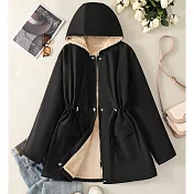 【ACheter】 連帽派克服寬鬆加絨加厚收腰中長外套# 126554 L 黑色