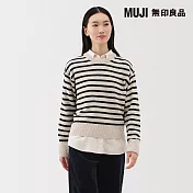 【MUJI 無印良品】女水洗羊毛中密織圓領針織衫 S 粉米橫紋