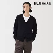 【MUJI 無印良品】男水洗羊毛中密織V領開襟衫 S 暗藍