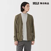【MUJI 無印良品】男水洗羊毛中密織V領開襟衫 S 卡其綠