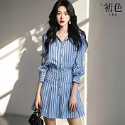 【初色】氣質風條紋收腰修身翻領排釦長袖A字襯衫裙連衣裙短裙-藍色-16377(M-XL可選) M 藍色
