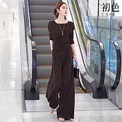 【初色】方領長袖收腰T恤上衣女上衣+純色鬆緊腰寬鬆口袋直筒休閒褲寬褲長褲套裝-咖啡色-16359(M-XL可選) M 咖啡色