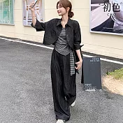 【初色】商務風純色單排釦翻領長袖襯衫外套女外套+高腰休閒褲寬褲長褲套裝-黑灰色-16514(M-2XL可選) M 黑灰色
